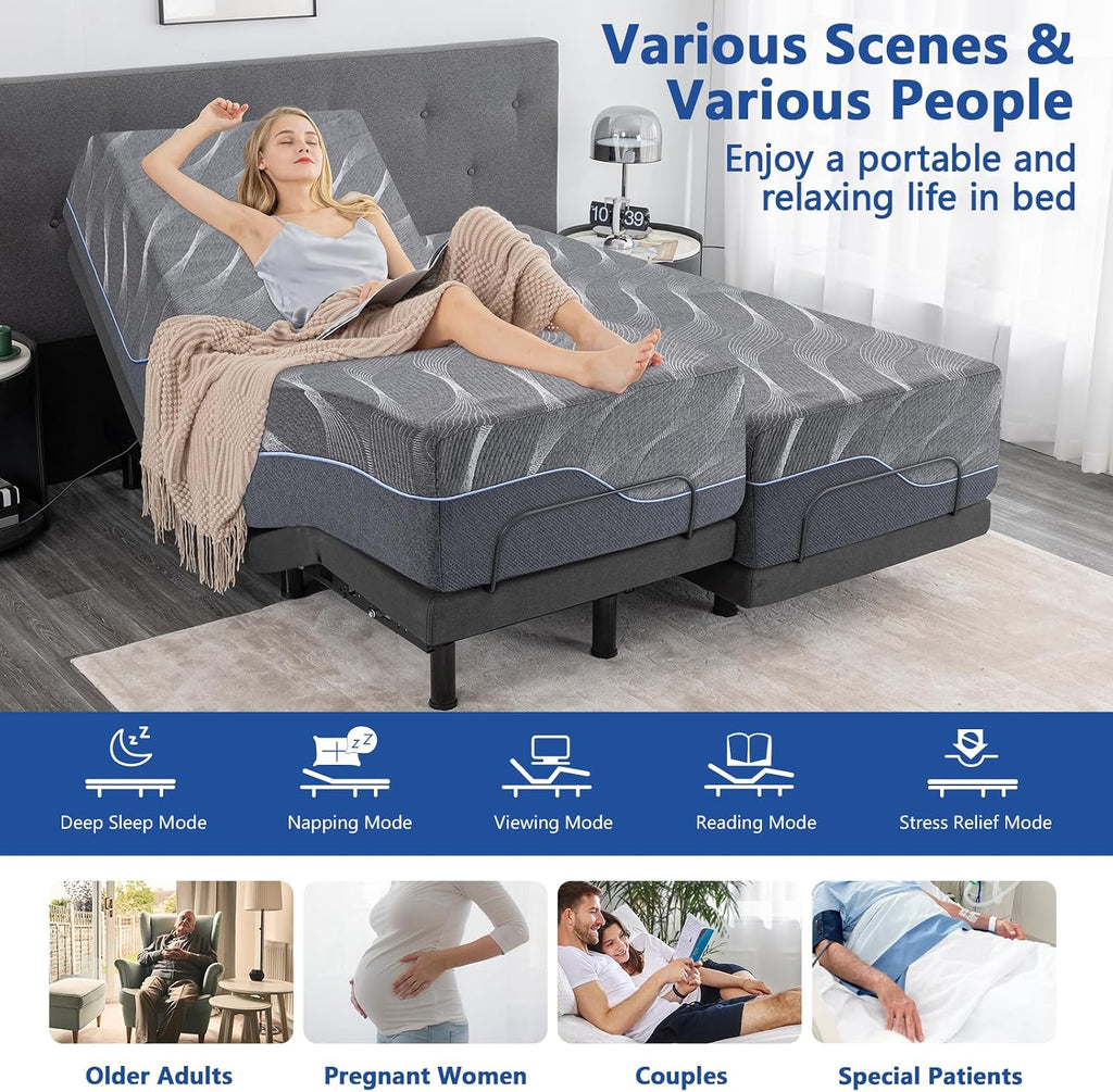 Split King Adjustable Bed Frame with Massage, 14 Inch Grey Gel Memory Foam Medium Firm Mattress in Box, Bed Base