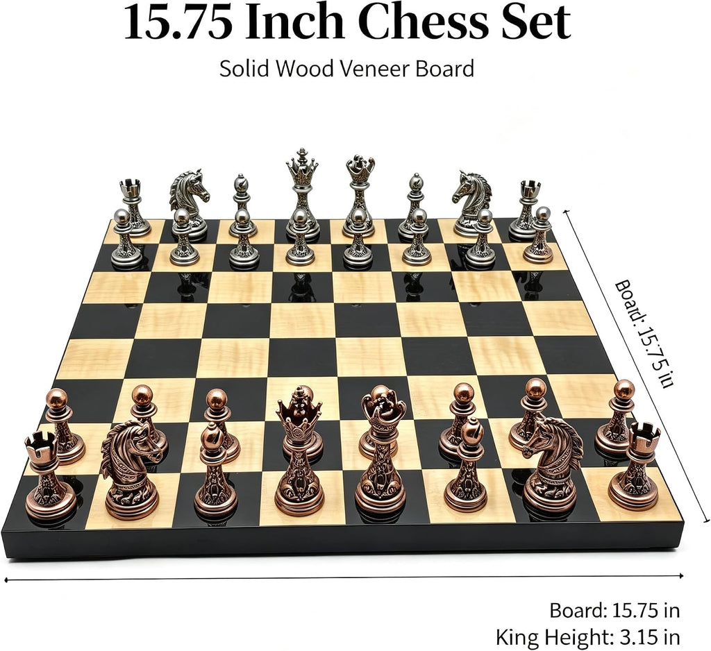 Large Baroque Metal Chess Set for Adults, 15.75 Inch Luxury Glossy Black & Maple Wooden Chess Board,Vintage Luxury