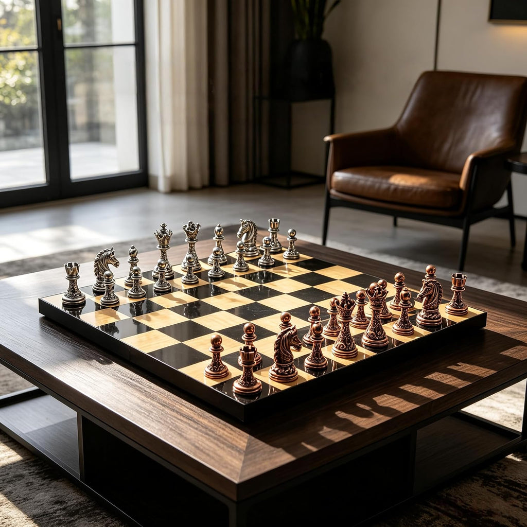Large Baroque Metal Chess Set for Adults, 15.75 Inch Luxury Glossy Black & Maple Wooden Chess Board,Vintage Luxury
