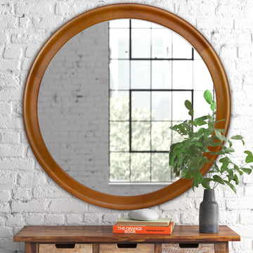 Round Wood Mirror for Wall, 36 Inch Circle Decorative Mirror with Walnut