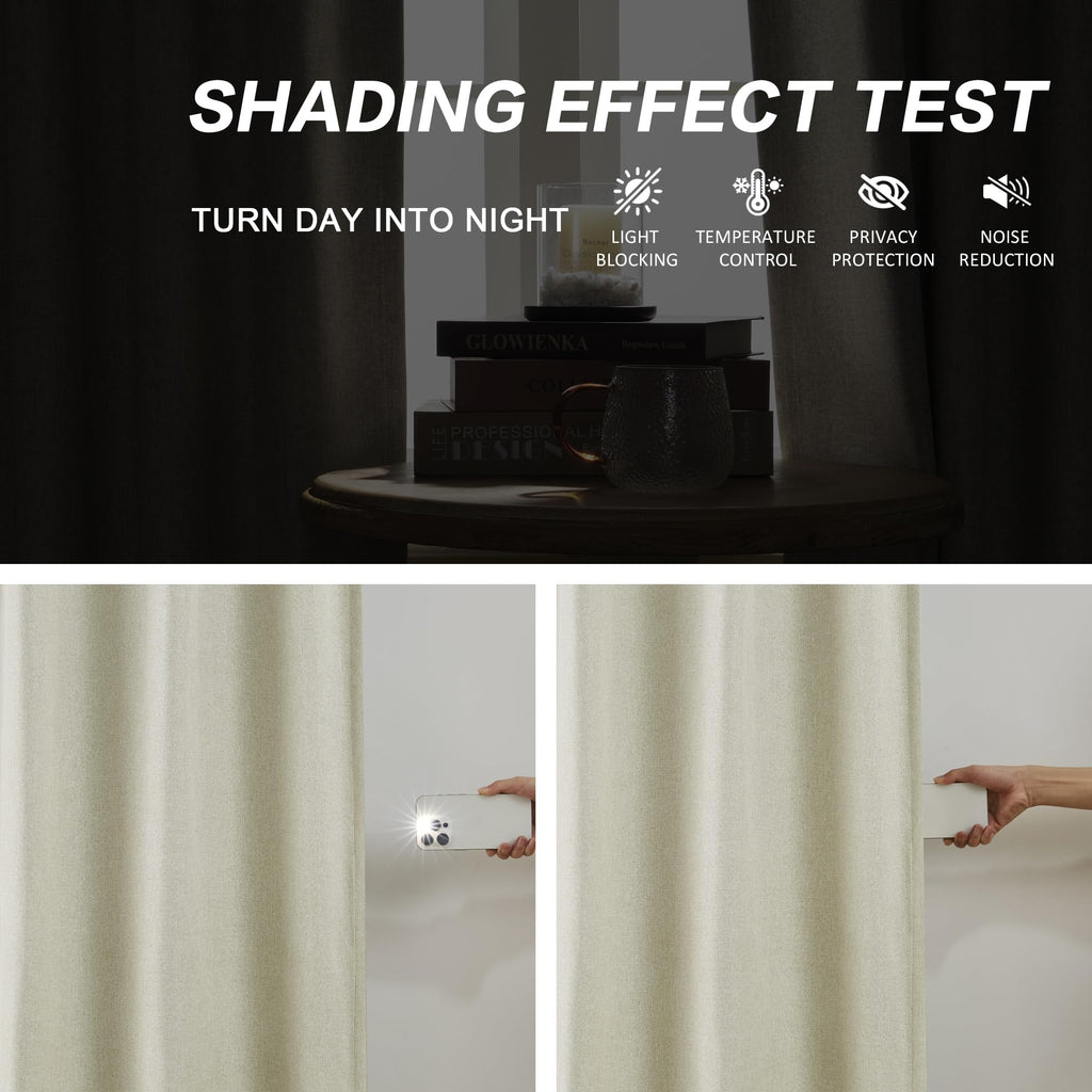 Linen Blackout Curtains Drapes 96 Inches Long 2 Panels Set, Pinch Pleated Farmhouse Room Darkening Thermal Insulated
