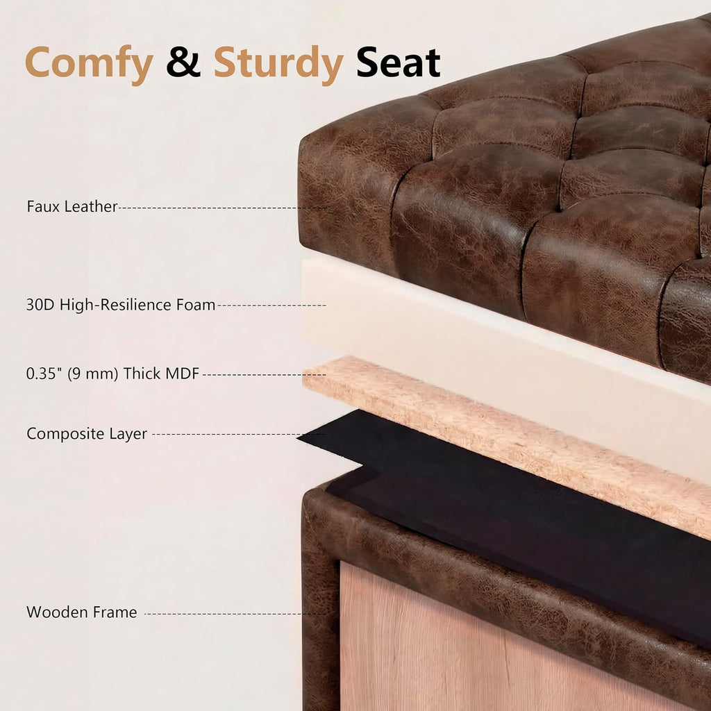 Faux Leather Storage Ottoman Bench, Square Tufted Coffee Table | 29.5" Nailhead Trim Upholstered Ottoman with