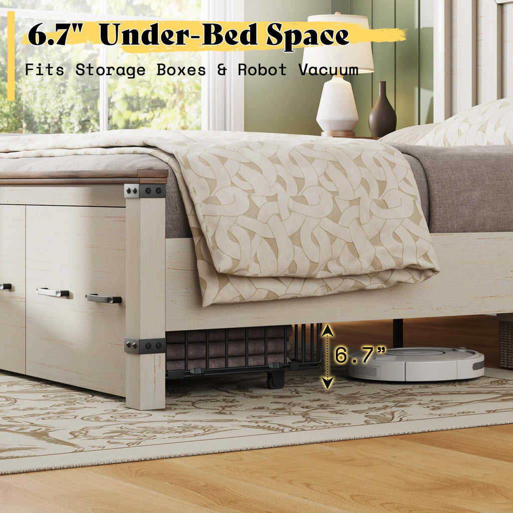 Bed Frame with 51" Headboard & Storage, Rustic White