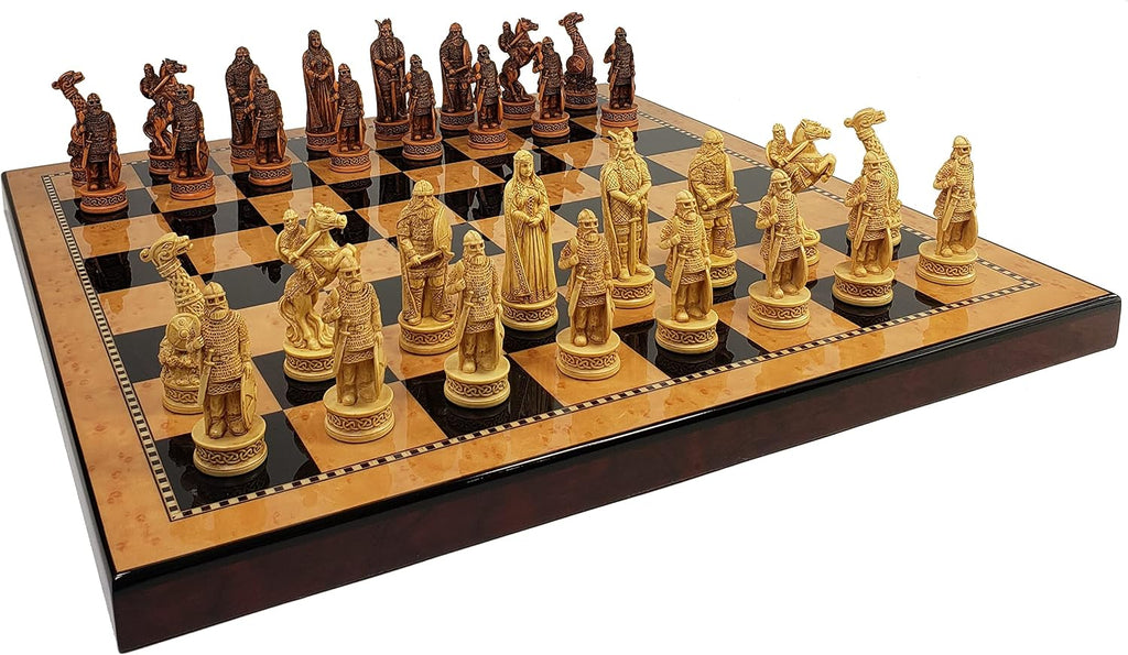 Antique Ivory & Brown Norse Viking Chess Set with 18 inch Walnut Color Board