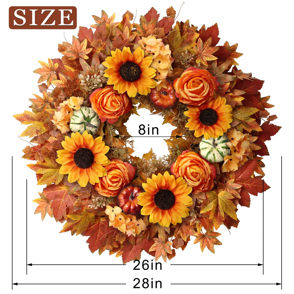 28" Large Artificial Maple Leaves Fall Wreath for Front Door(Orange-Yellow)