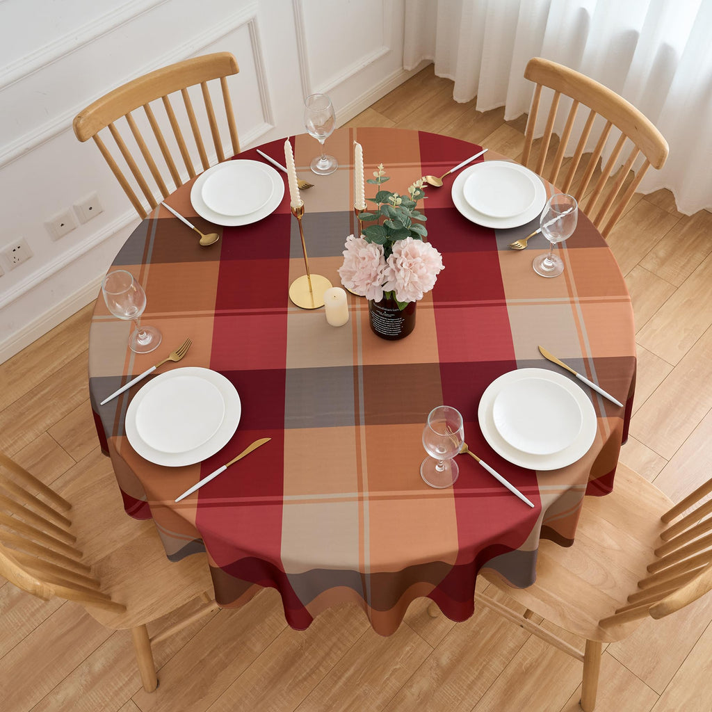 Round Tablecloth 70 Inches Red Brown Buffalo Plaid Winter Table Cloth - Polyester Checkered Gingham Christmas Table