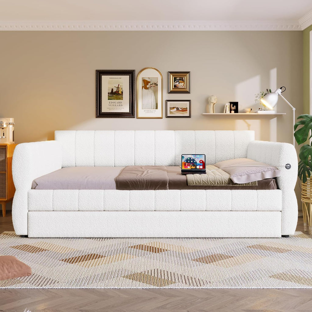 Queen Size Daybed with Trundle, Upholstered Daybed with USB Ports, Fleece Upholstered Platform Bed Frame with Twin XL