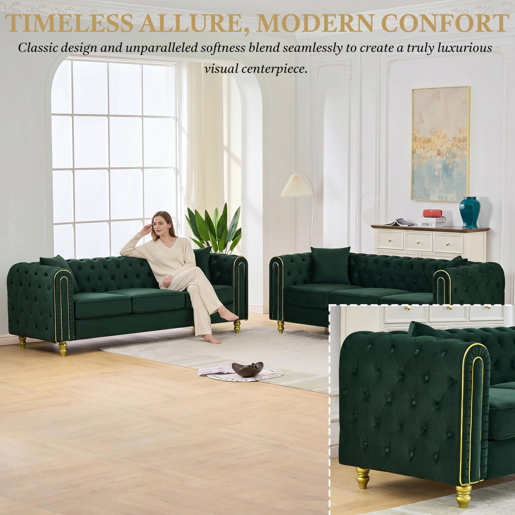 Chesterfield 2 Piece 86" Green Sofa Sets, 3+2-Seater Couch Comfy Sofa, Button Tufted Rolled Arms and Gold Legs for