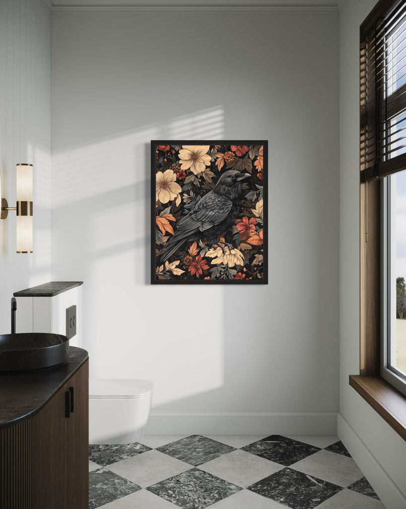 Raven Framed Art Print Poster, William Morris Style Retro Mid Century Botanical Victorian Dark Academia Gothic Decor