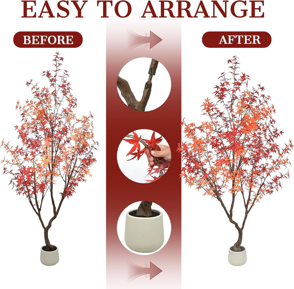 Maple Tree 9FT - Large Faux Plant Indoor with 900 Orange Red Leaves & Realistic Trunk, 108" Tall Fake Autumn Maple