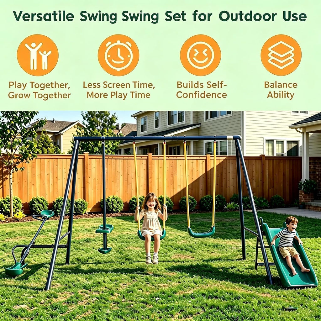 5 in 1 Swing Set for Kids Backyard, Heavy Duty A-Frame Metal Swing Sets with Slide Seesaw Glider Bench Swing Outdoor