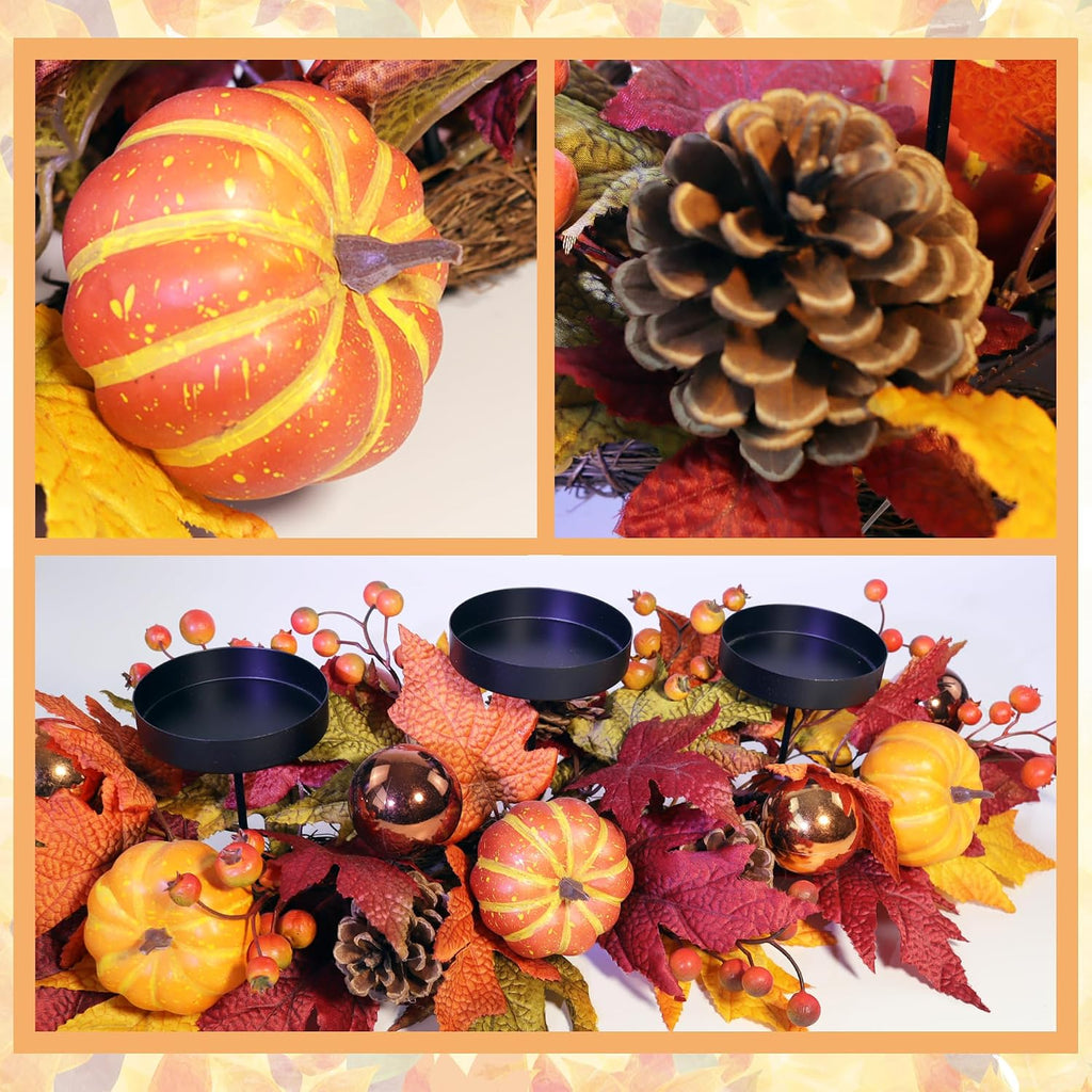 Fall Candle Holder Centerpiece for Table - Thanksgiving Table Decor with Pumpkins, Maple Leaves,Autumn Harvest