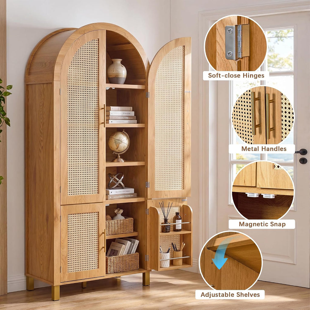 71" Tall Arched Rattan Storage Cabinet with 4 Doors & Adjustable Shelves, Farmhouse Freestanding Cupboard with