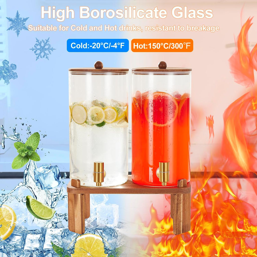 1.5 Gallon Drink Dispenser: 2P Glass Dispenser w/Wood Stand - Set of 2
