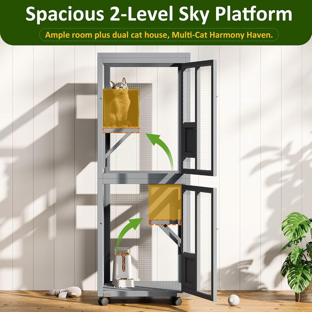 64Inch Catio Outdoor Cat Enclosure, Large Cat House Cat Patio, Grey