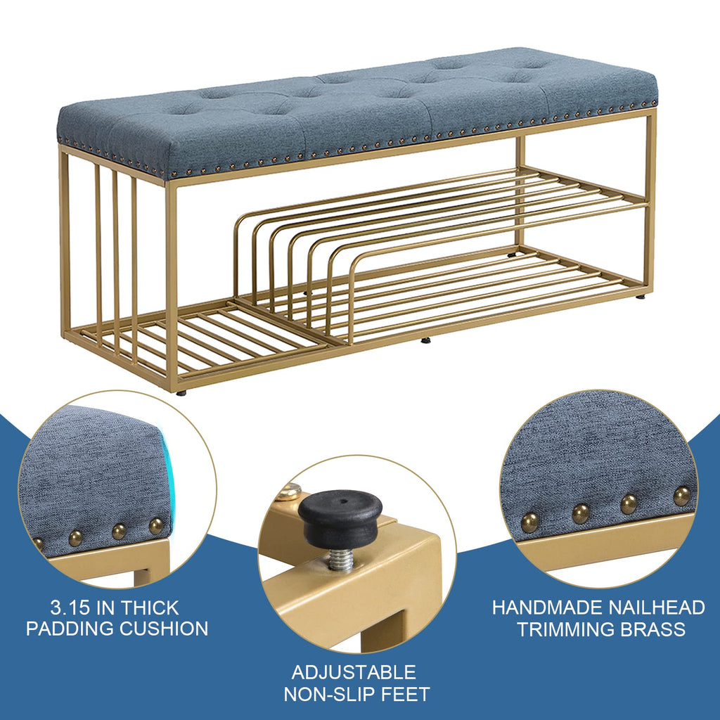 Upholstered Shoe Storage Bench-Nailhead Trim Linen Ottoman Bench with Shoes Rack for End of Bed Entryway Window