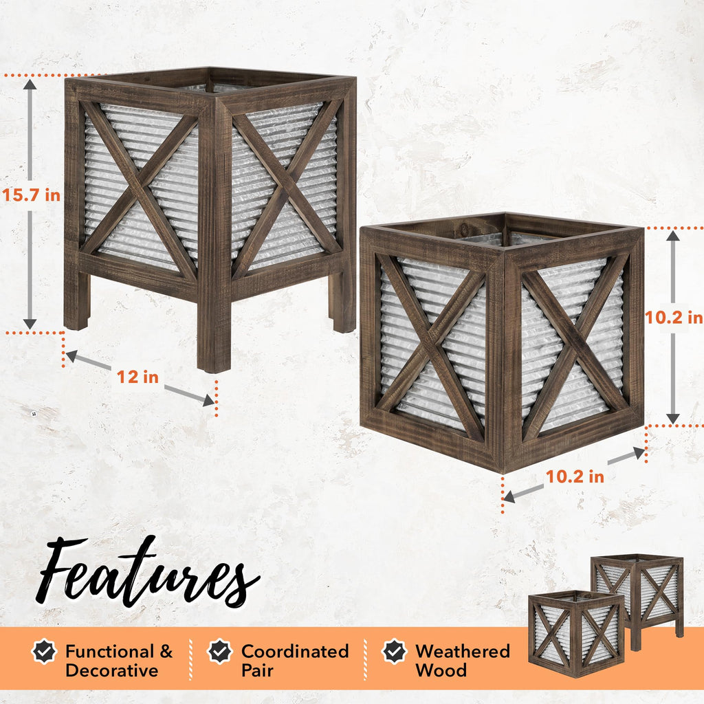 Front Porch Planters Set of 2, 15.7" & 10.2", Wood & Metal