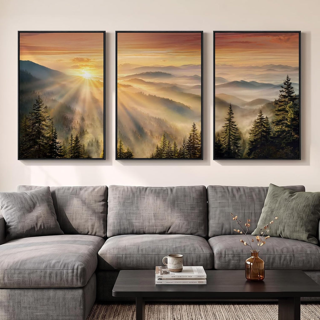 Large Framed Mountain Landscape Wall Art , 3 Piece Foggy Forest Sunset Canvas Artwork, Scenery Nature Picture Prints