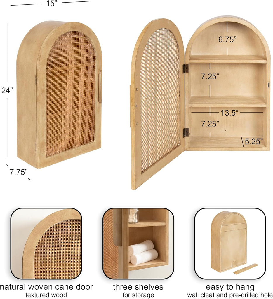 Ori Transitional Cane One-Door Arched Wall Cabinet, 15 x 8 x 24, Natural, Decorative Rattan Wall Storage Cabinet with