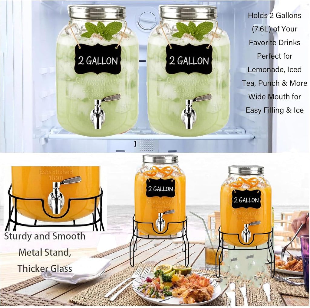 2 Gallon Glass Beverage/Drink Dispenser with Stand, Lid & Ice Core | Leakproof 18/8 Stainless Steel Spigot | Mason
