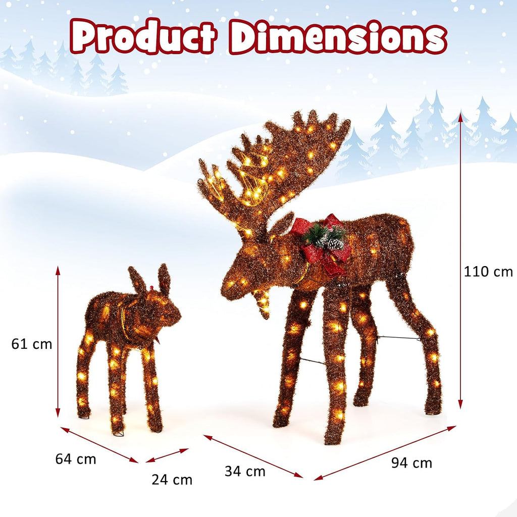 2-Piece 3D Lighted Christmas Moose Family Set, Pre-Lit Deer Xmas Decoration with LED Lights, Ground Stakes and Zip