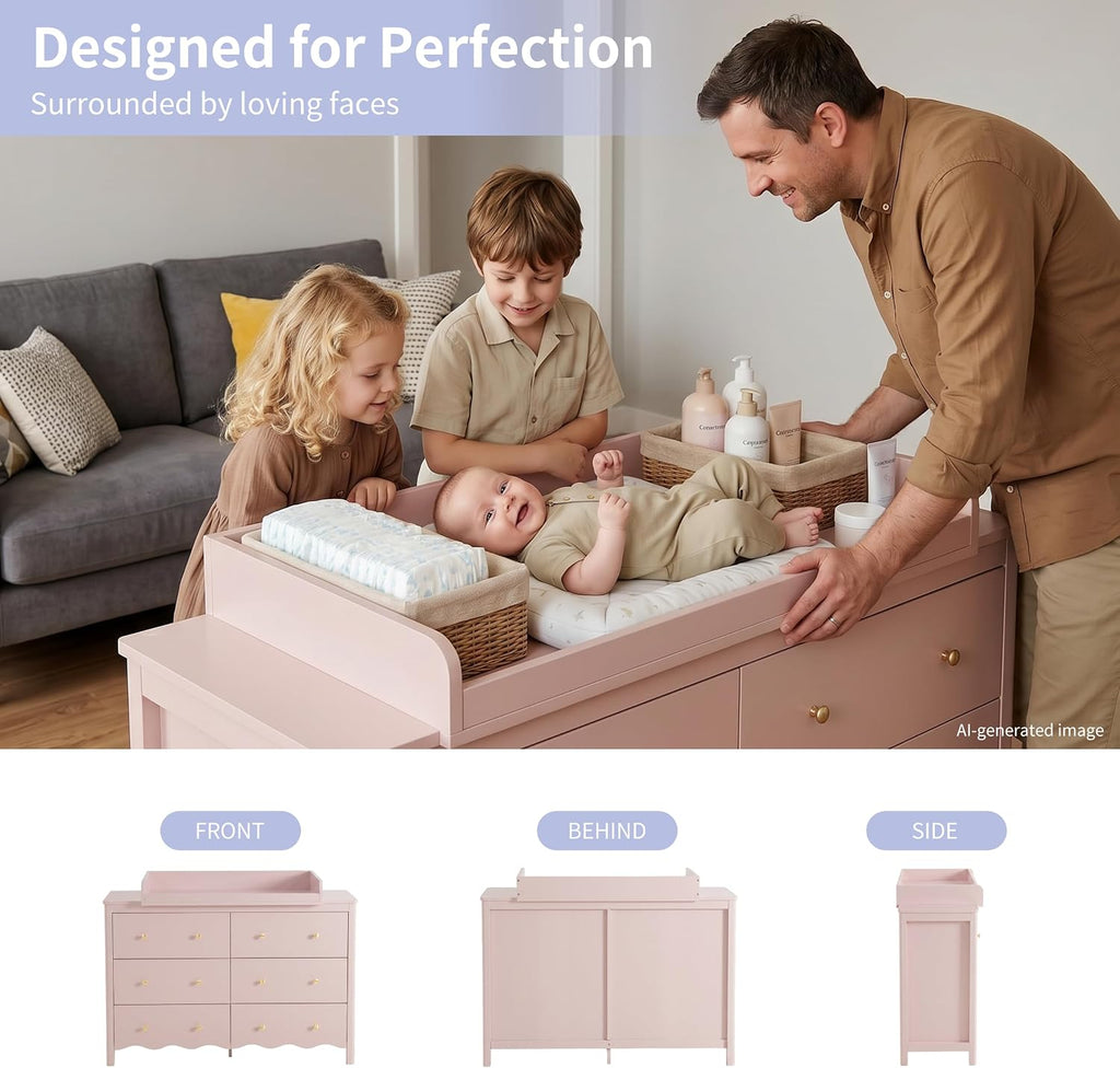 Baby Changing Table (Pink) | Wooden Dresser Kids Dresser with 6 Drawer Dresser Baby Dresser Organizer Diaper Station