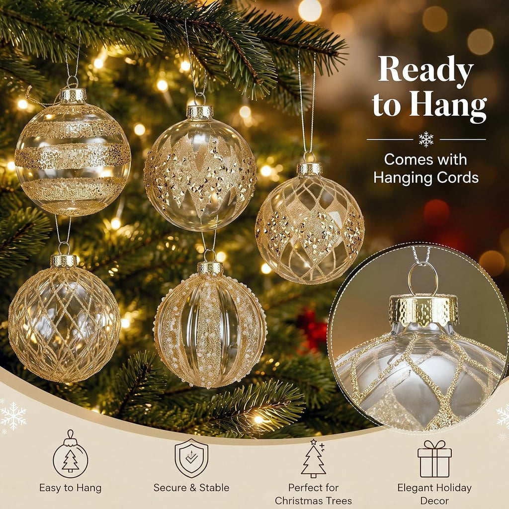 Glass Champagne Christmas Ball Ornaments, 3.15in Glitter Tree Decor - Set of 6