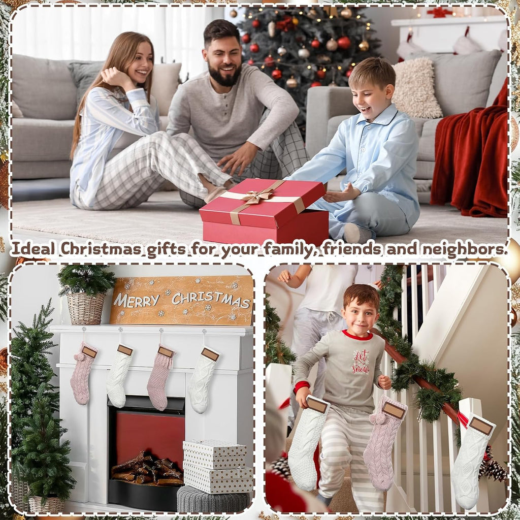Personalized Knitted Christmas Stockings with Leather Name 18 inch Bulk Family Large Size Knit Xmas Hanging - Set of 4