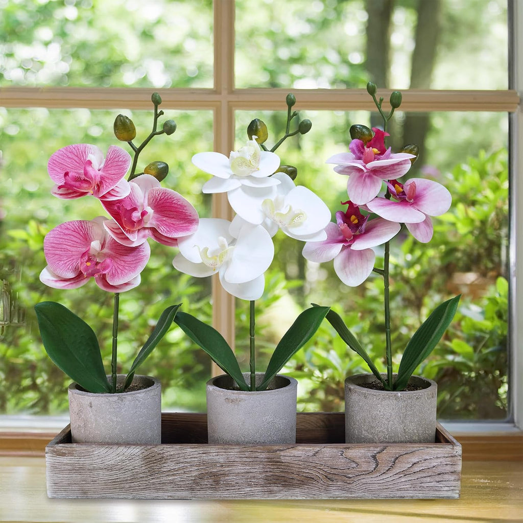 Small Artificial Orchid Potted Plants Arrangement with Rustic Wood Planter Box Real Touch Faux Phalaenopsis - Set of 3