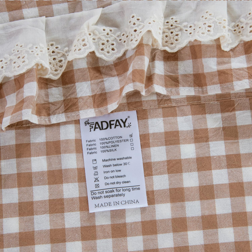 100% Washed Cotton Sheet Set, Taupe Gingham Ruffle, 4 Pieces