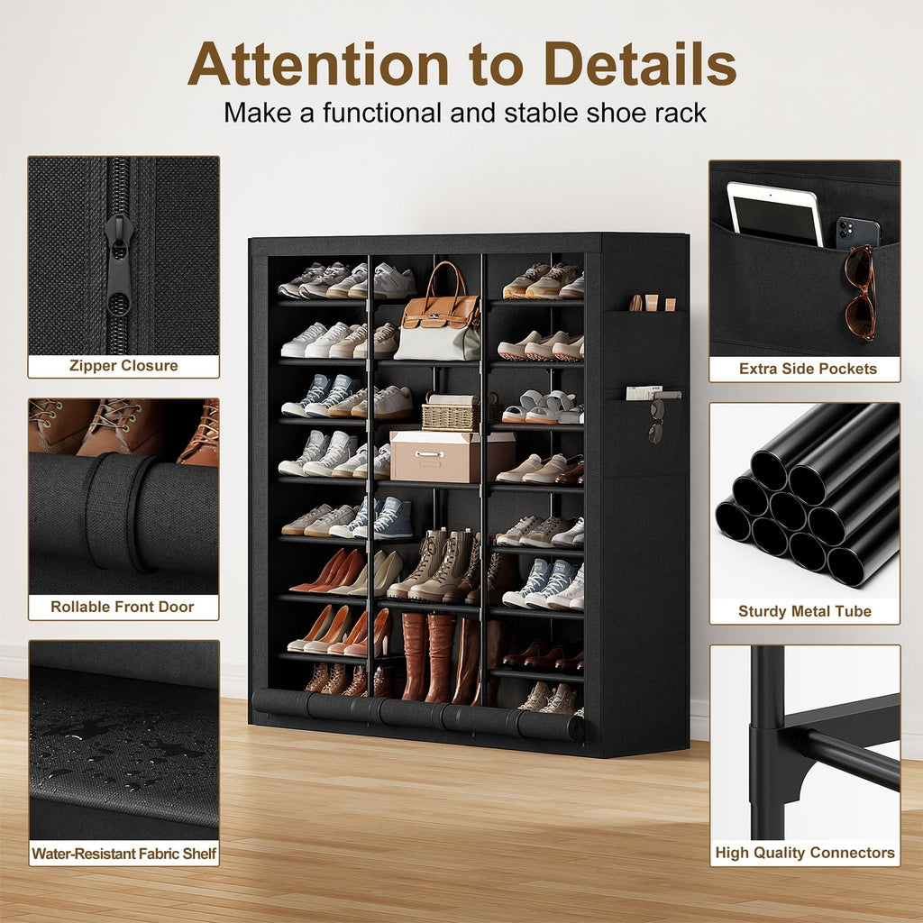 Shoe Rack with Cover, 9 Tier Tall Shoe Rack Organizer Large Capacity Shoe Storage Cabinet to 50-55 Pairs Shoes and