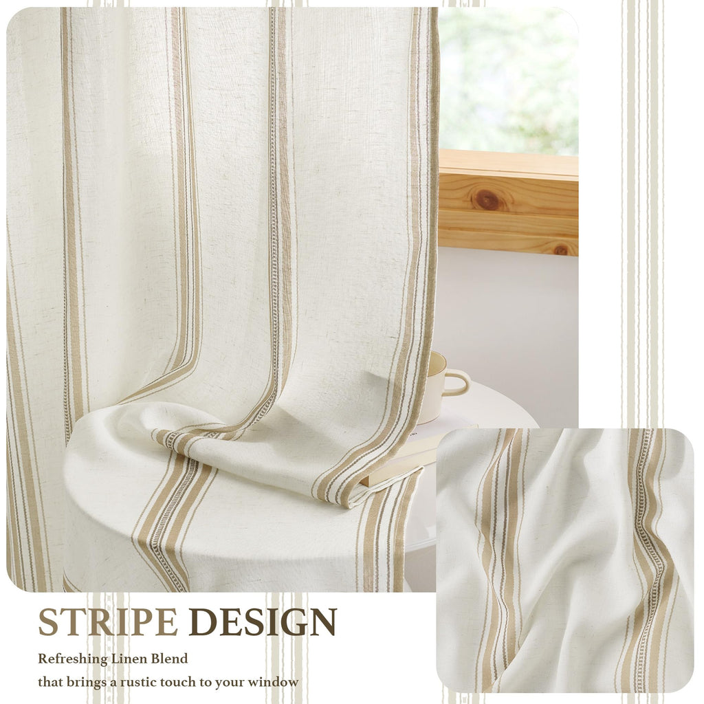 Stripe Linen Curtains 52 x 84 Inch Long - Taupe & White Classic Grommet Rustic Drapes, Light Filtering Window