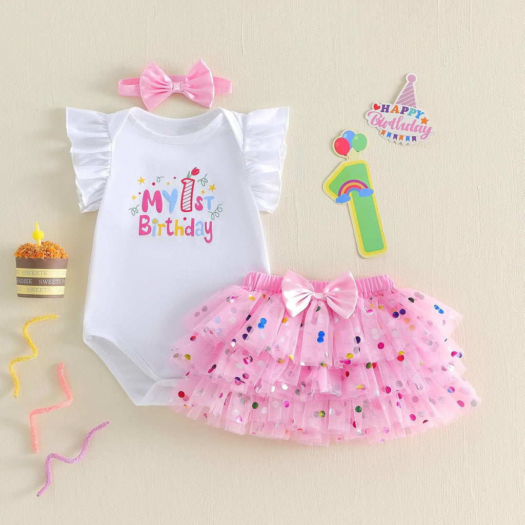 First Birthday Outfit Girl Clothes Short Sleeve Romper Tops Tutu Skirts Baby Bows Summer Clothes One Year Old