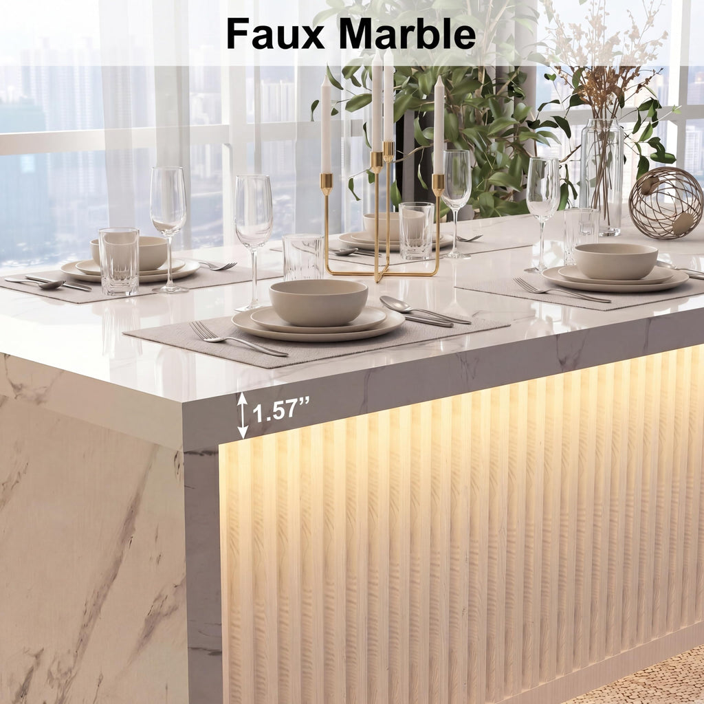 71'' Large Faux Marble Dining Table for 6 People, 37.4''H Tall Modern Kitchen Island with LED Lights, Rectangle
