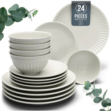 24 Piece Stoneware Dinnerware Set for 8, Handcrafted Plates and Bowls Set