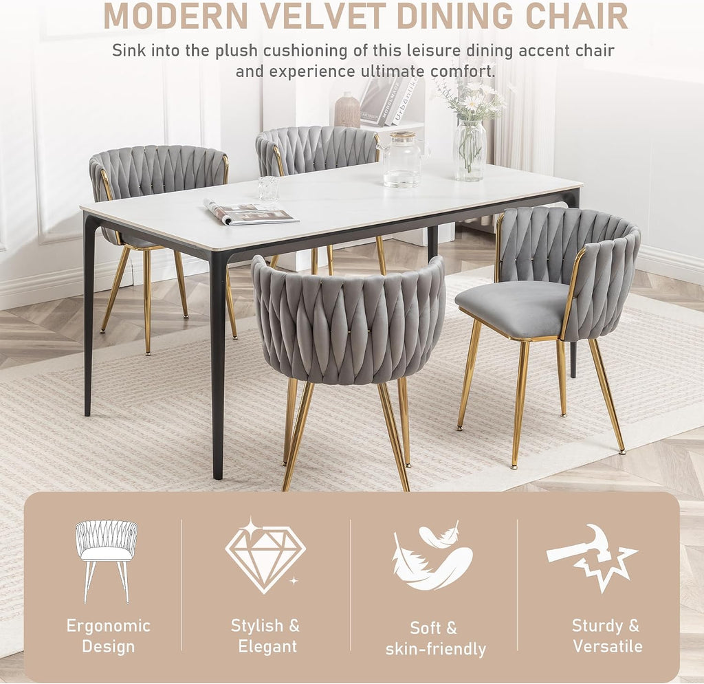 Grey Velvet Dining Chairs Set of 4, Modern Upholstered Dining Room Chairs with Gold Metal Legs, Luxury Barrel Dining