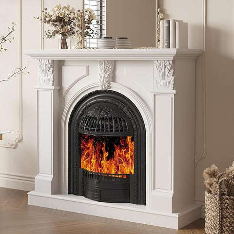 80 Inch Electric Fireplace TV Stand with Mantel, Birdcage-Style Fireplace Heater and Carved Column Design, Entertainment Center for Living Room or Bedroom, Black