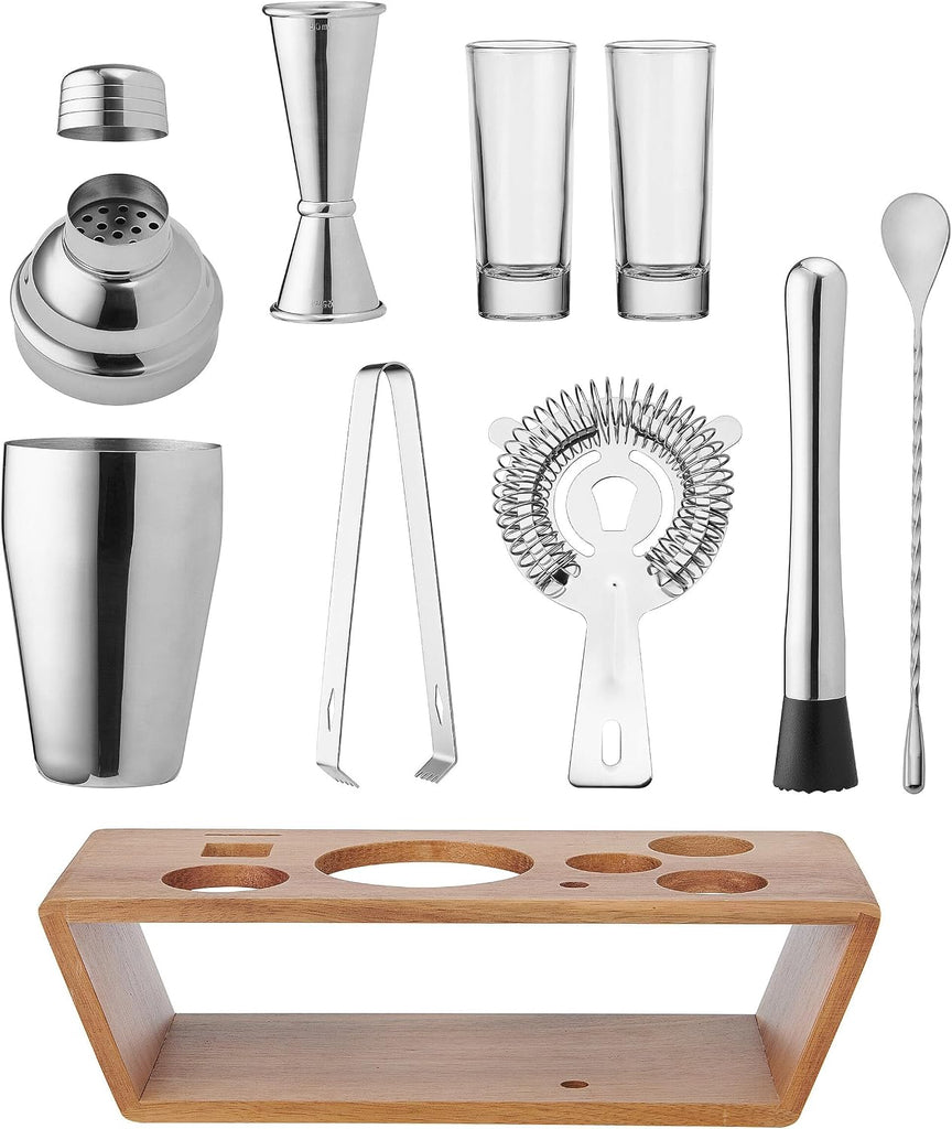 Glenwood Mixology Cocktail Shaker Bartender Stainless Steel with Acacia Wood Stand Bartool Set - Set of 8