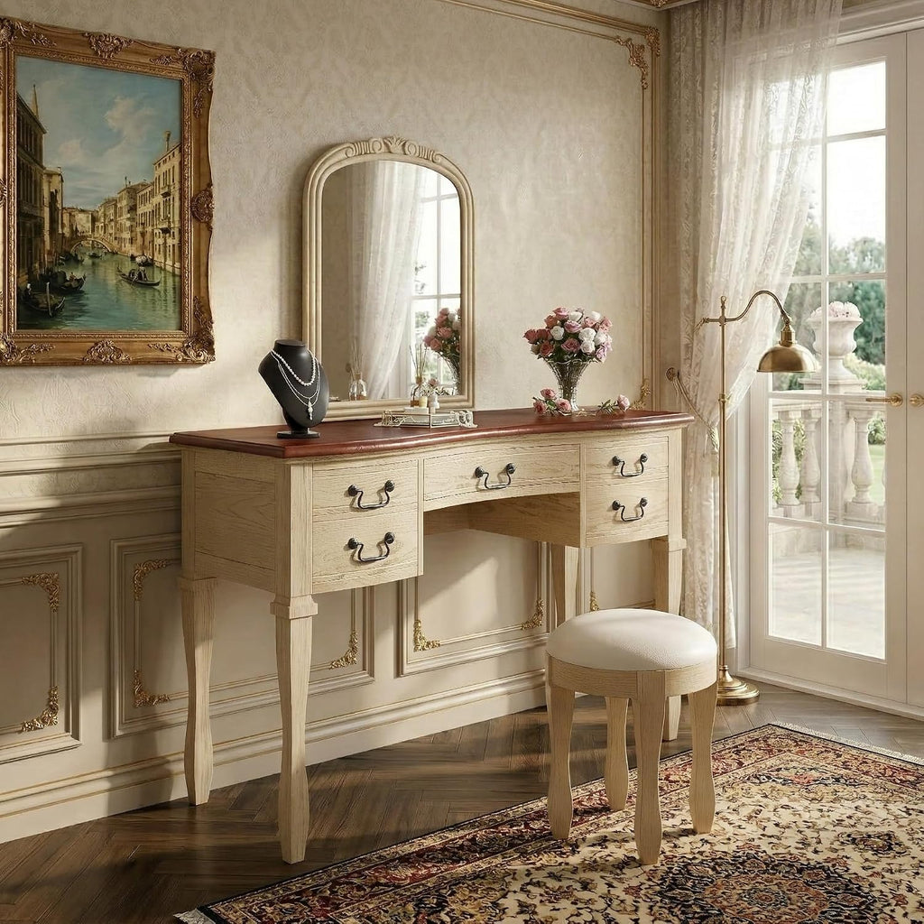 46" Vintage Vanity Desk with Curved Flower Frame Mirror, Wood Dressing Table with Storage, 5 Drawers, Makeup Vanity