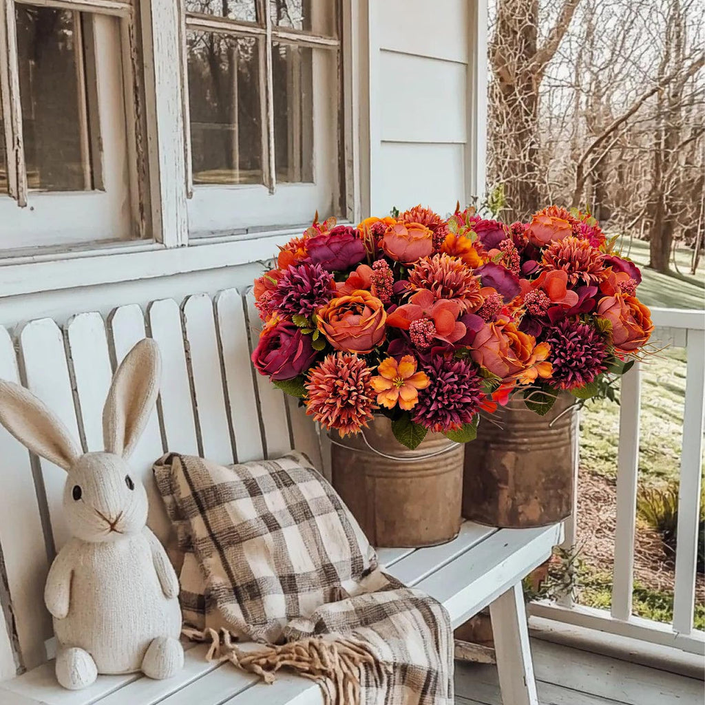 Bundles Fall Artificial Flowers Bouquet Fake Peony Silk Chrysanthemums Autumn Faux Floral Arrangements Decor Indoor - Set of 2