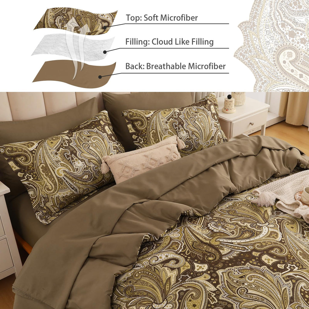 Brown Paisley Comforter Set Queen Size 7 Piece Bed in a Bag