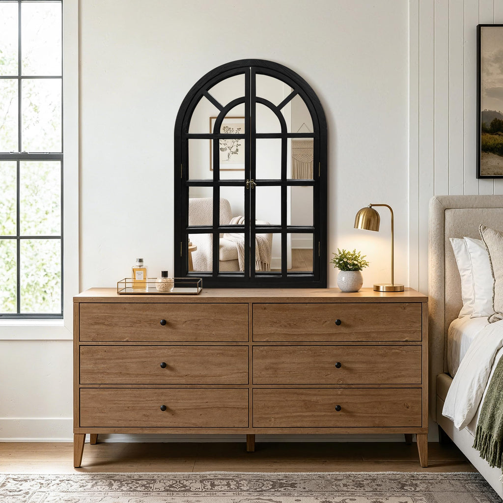 Arched Wood Mirror for Wall, 24" x 36" Rustic Farmhouse Mirror, Black