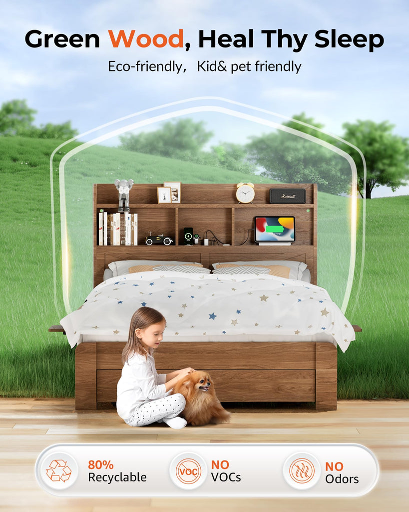 Full Size Bed Frame with 2-Tier Storage Headboard, LED Lights, Charging Station, 2 Drawers, 800lbs Capacity, Wood &