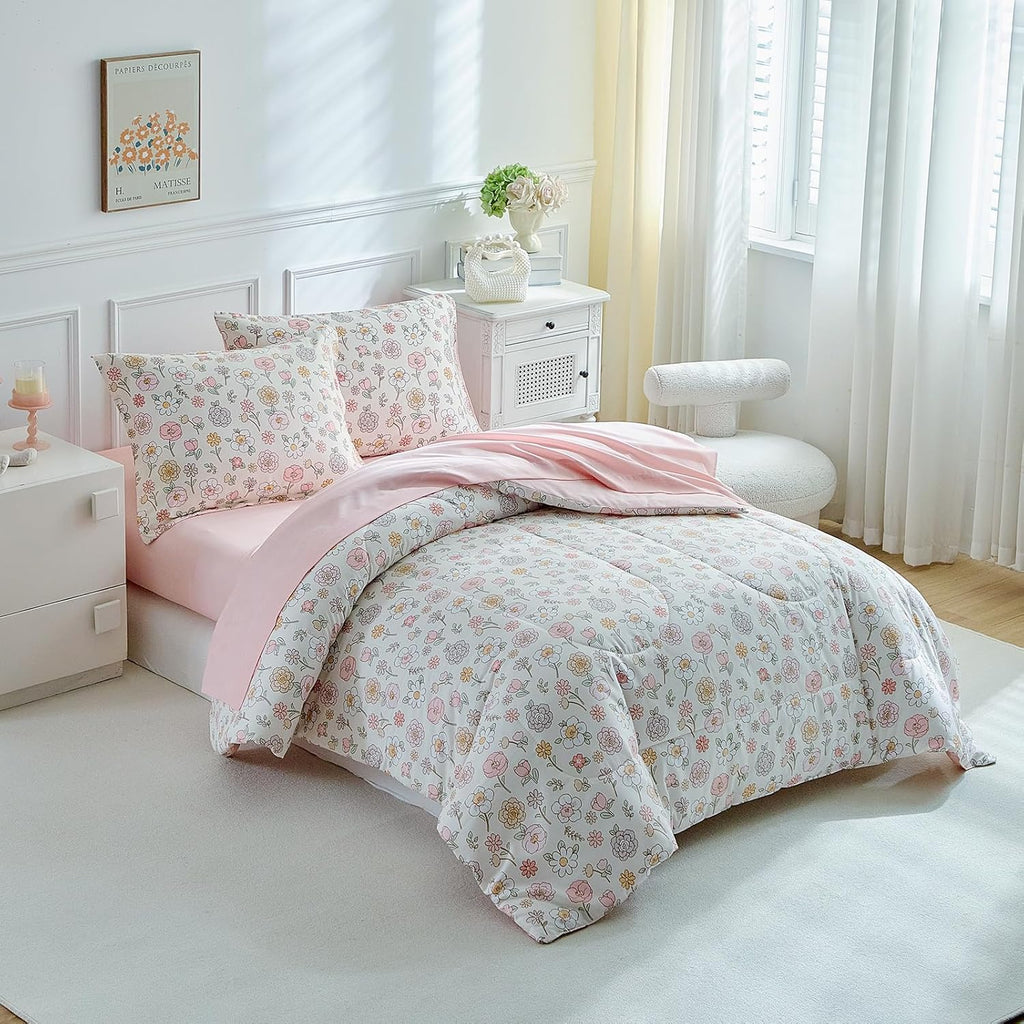 Floral Twin Comforter Set,5 Pieces Twin Bedding Set for Girls,Twin Bed in a Bag, All Season Kids Sheet Set with