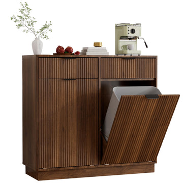 Double Tilt Out Trash Can Cabinet, Hidden Trash Cabinet with Storage Drawers, Walnut Laundry Hamper Cabinet with