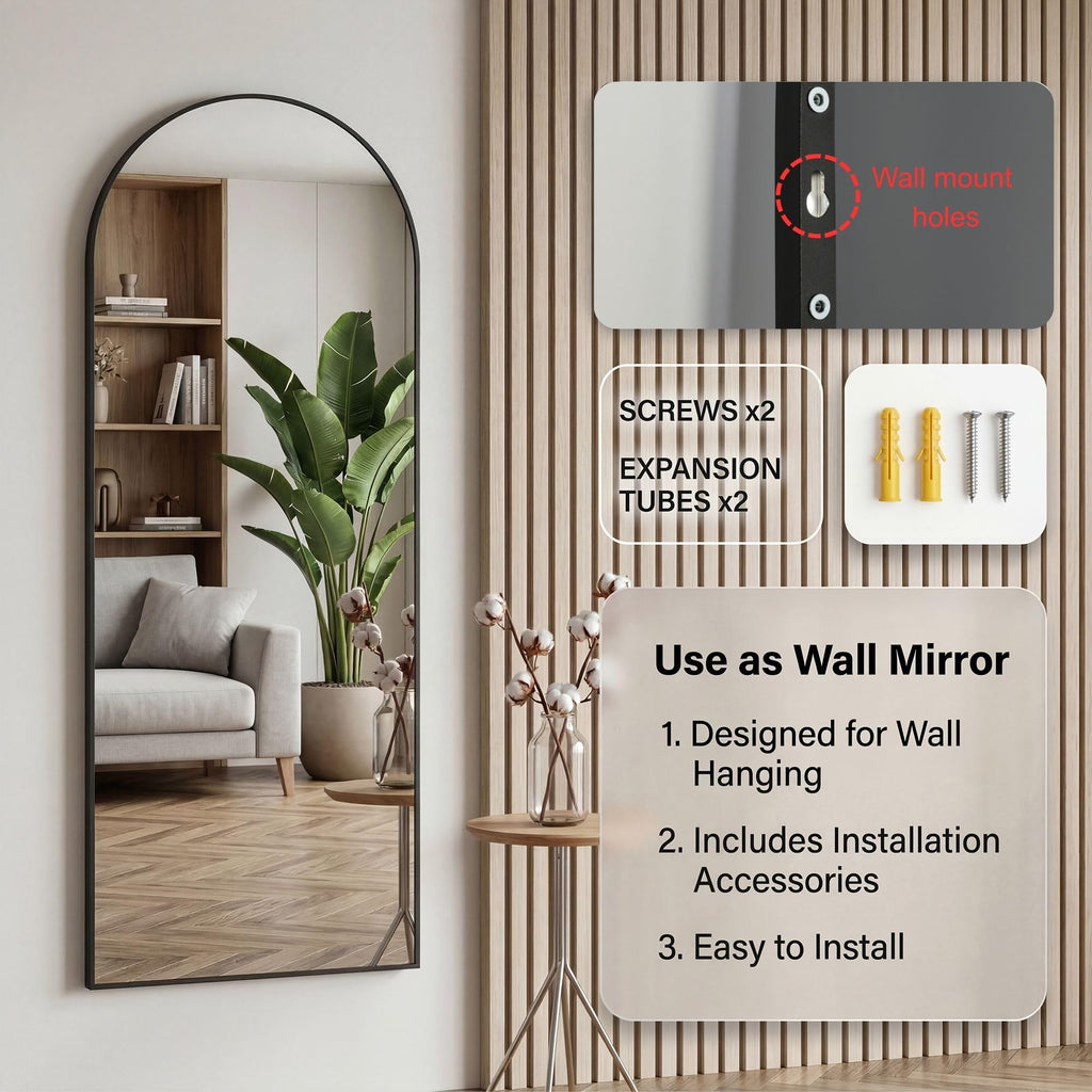 58"x20" Over The Door Mirror, Full Length Mirror with Stand, Black