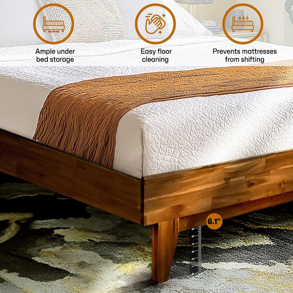 Aurora Solid Wood Queen Platform Bed Frame with Headboard, Walnut