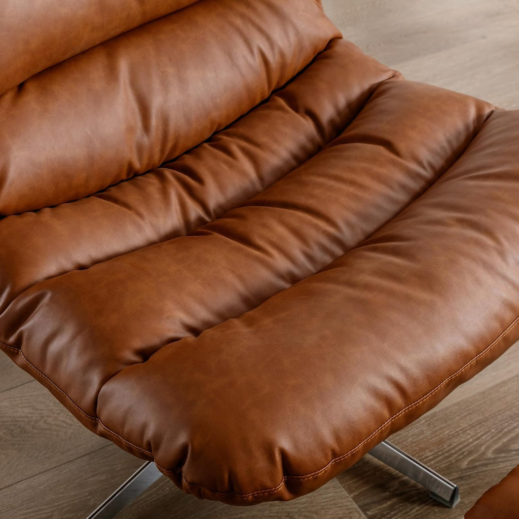 Swivel Accent Chair with Ottoman, Mid Century Modern Faux Leather Lounge Chair with footrest, Comfy Oversized