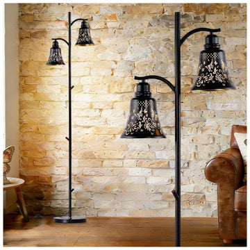 2-Light Rustic Floor Lamp, Butterfly Cutout Bell Shade Black Metal Tree Standing Lamp, 64.56" Farmhouse Floor Lamp, Bar