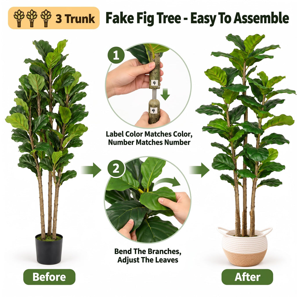 Fiddle Fig Tree Artificial 5FT Faux Trees Indoor with Planter & Basket